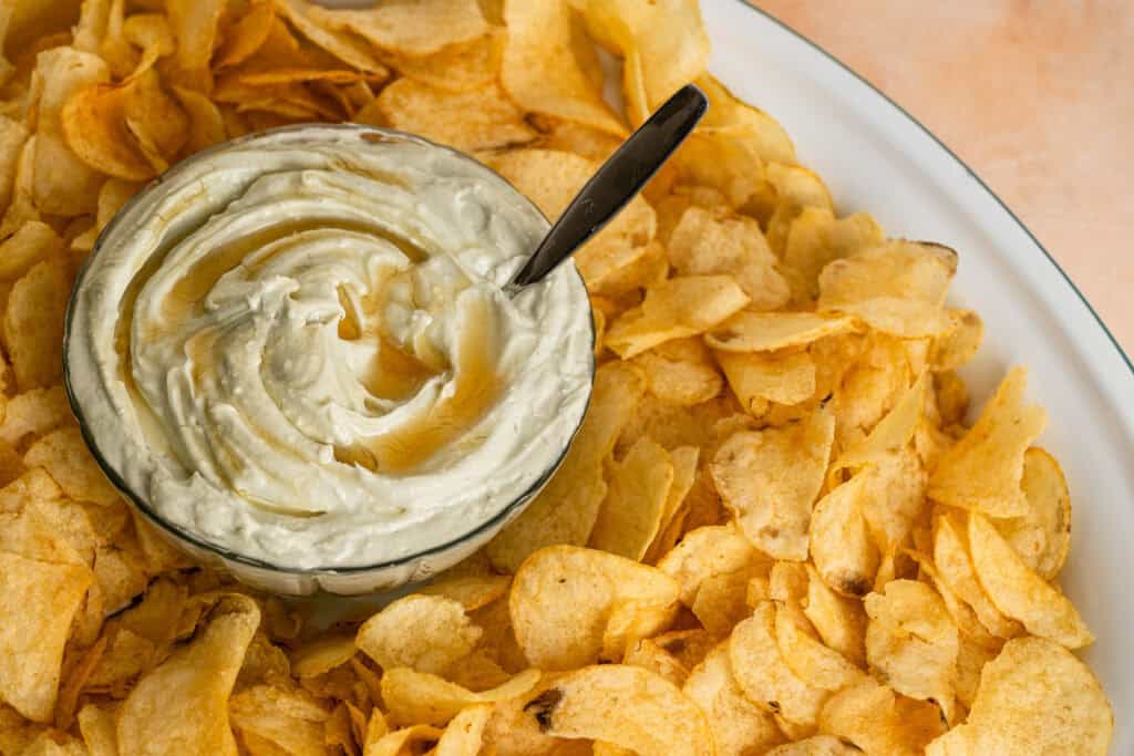 Close up header shot of a platter of Honeyed Blue Cheese Dip